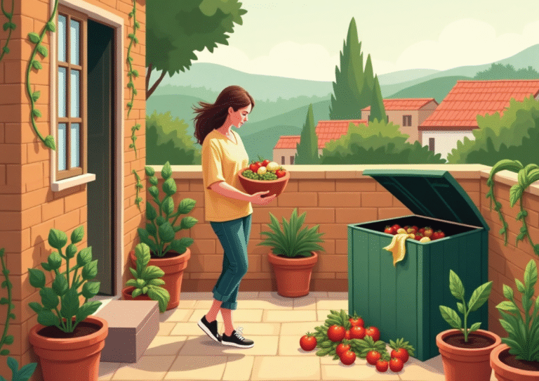 Woman adding kitchen waste to a compost bin on a rooftop garden surrounded by potted plants.