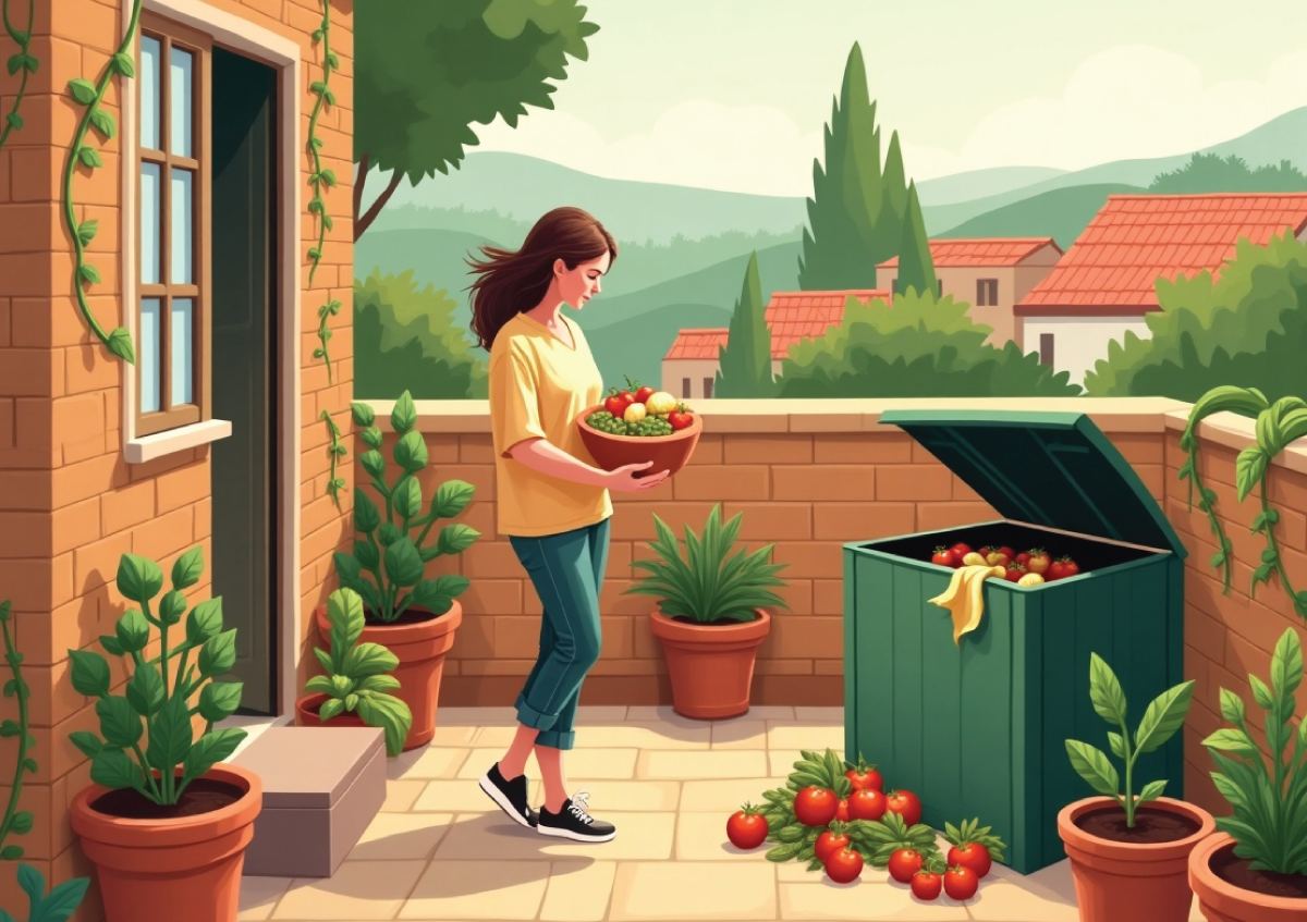 Woman adding kitchen waste to a compost bin on a rooftop garden surrounded by potted plants.