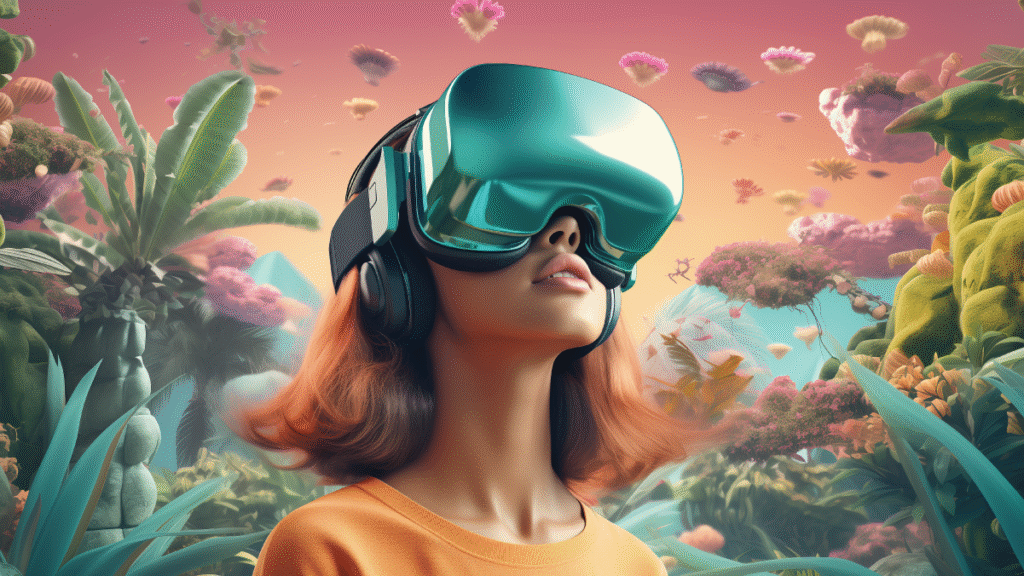 A young girl wearing a VR headset exploring a vibrant, futuristic virtual world filled with glowing landscapes, digital elements, and immersive environments.