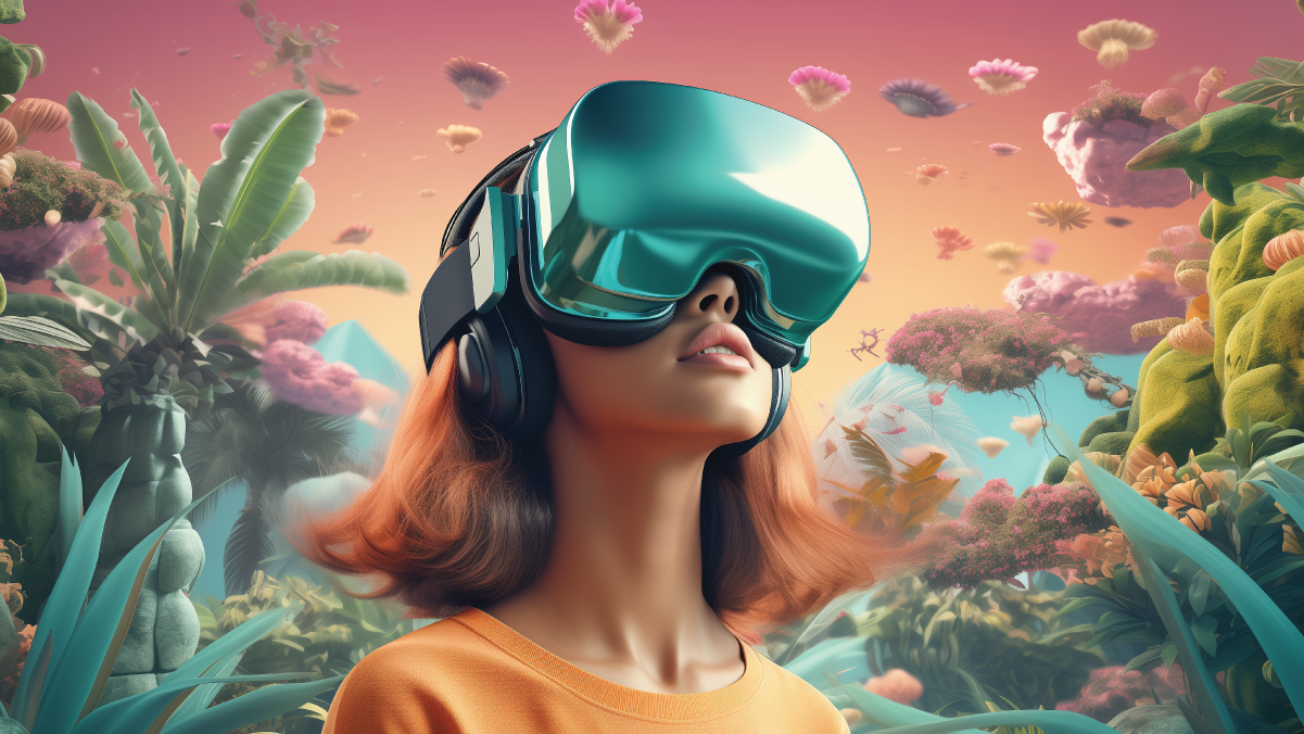 A young girl wearing a VR headset exploring a vibrant, futuristic virtual world filled with glowing landscapes, digital elements, and immersive environments.