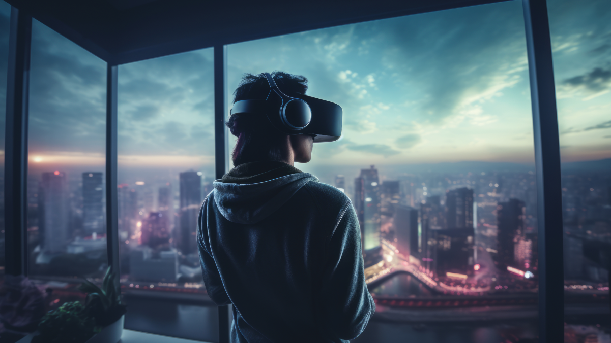 A woman wearing a VR headset gazing outward, as if looking into a futuristic virtual world beyond her physical surroundings — symbolizing the blend of real and digital life.