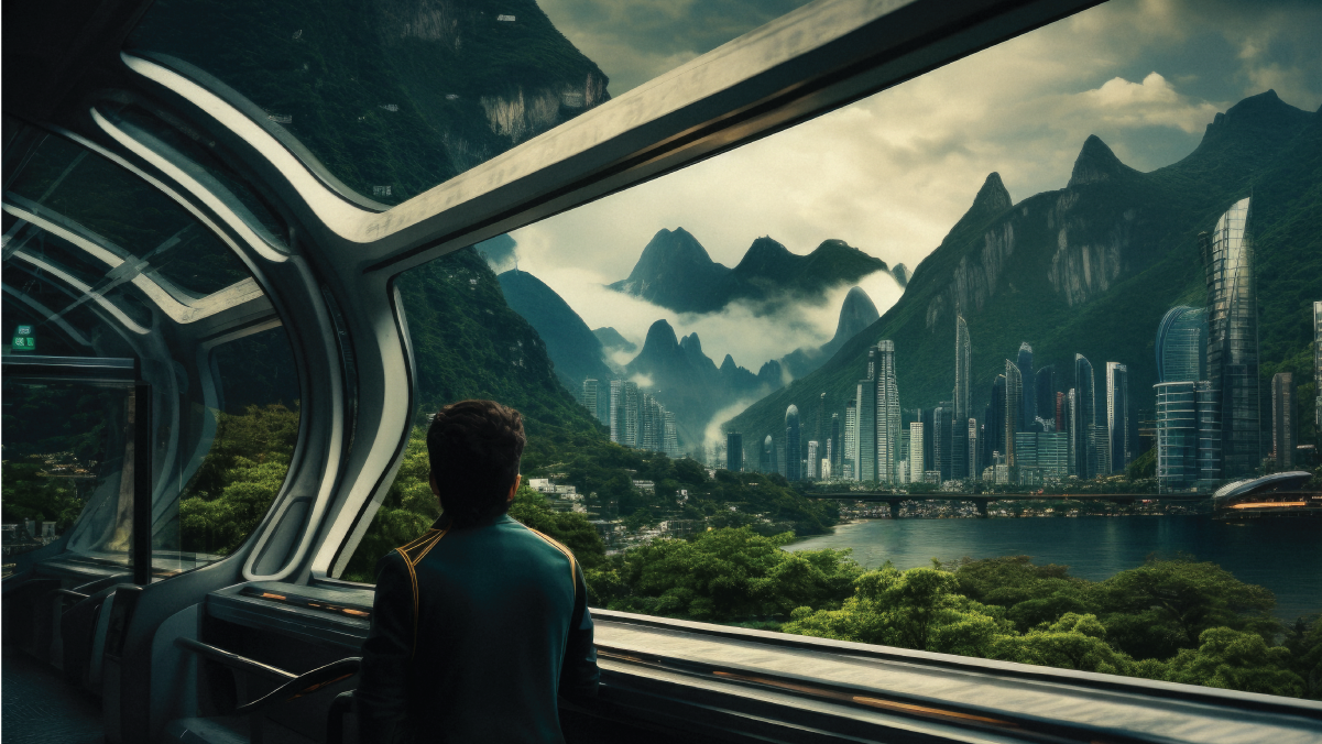 A man standing indoors, looking out toward a futuristic 2050 world filled with advanced AI technology, smart cities, and virtual landscapes — symbolizing curiosity and the leap into tomorrow.
