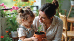 Smiling mother and daughter holding a plant pot together, promoting eco-parenting and home gardening