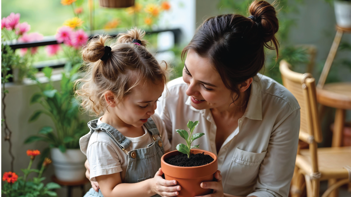 Smiling mother and daughter holding a plant pot together, promoting eco-parenting and home gardening