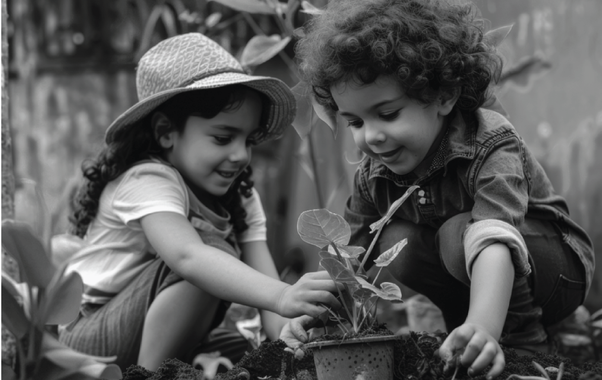 Two young children planting saplings in soil, engaging in an outdoor eco-friendly activity to promote environmental awareness and sustainability