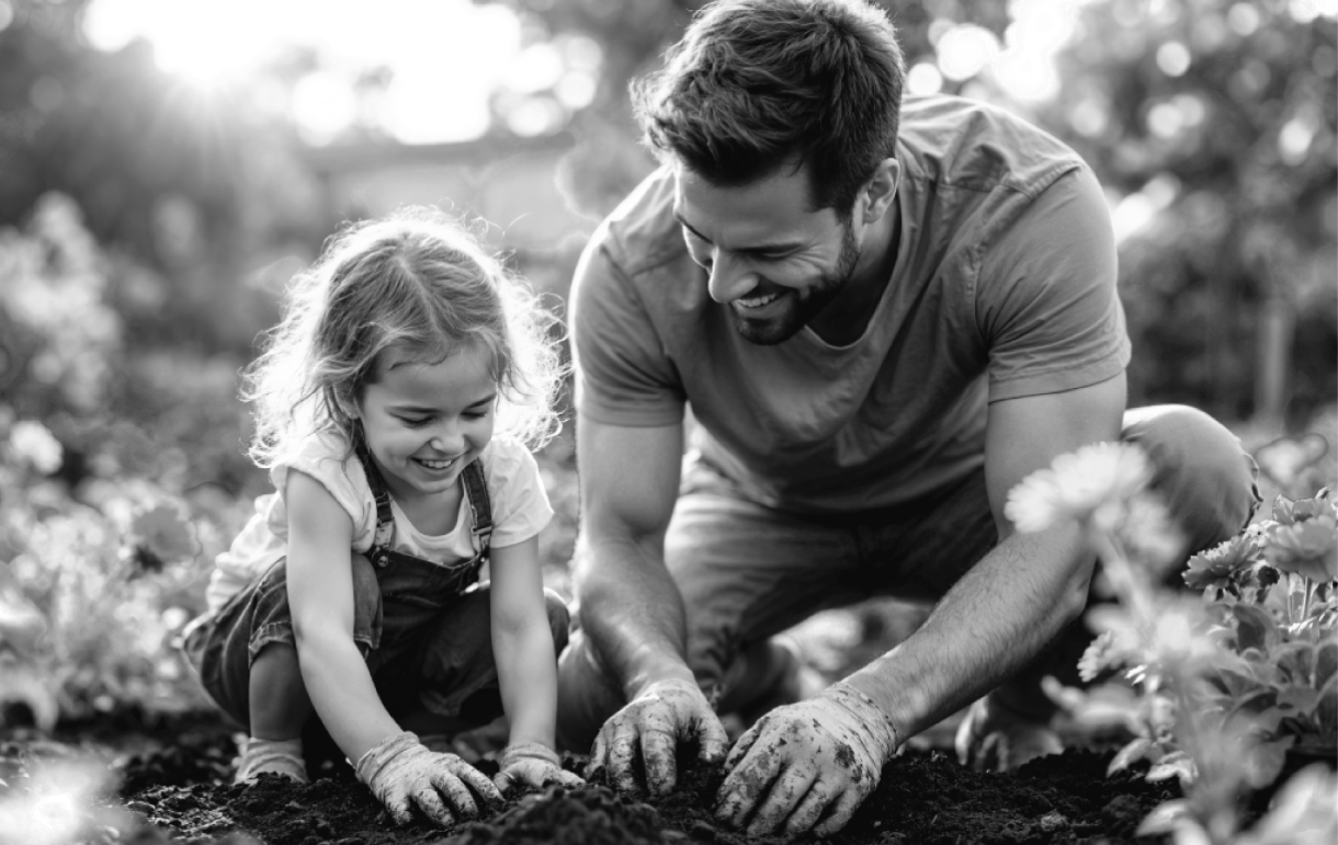  Father and daughter planting a small plant together in the garden, sharing a bonding moment through eco-friendly gardening activity