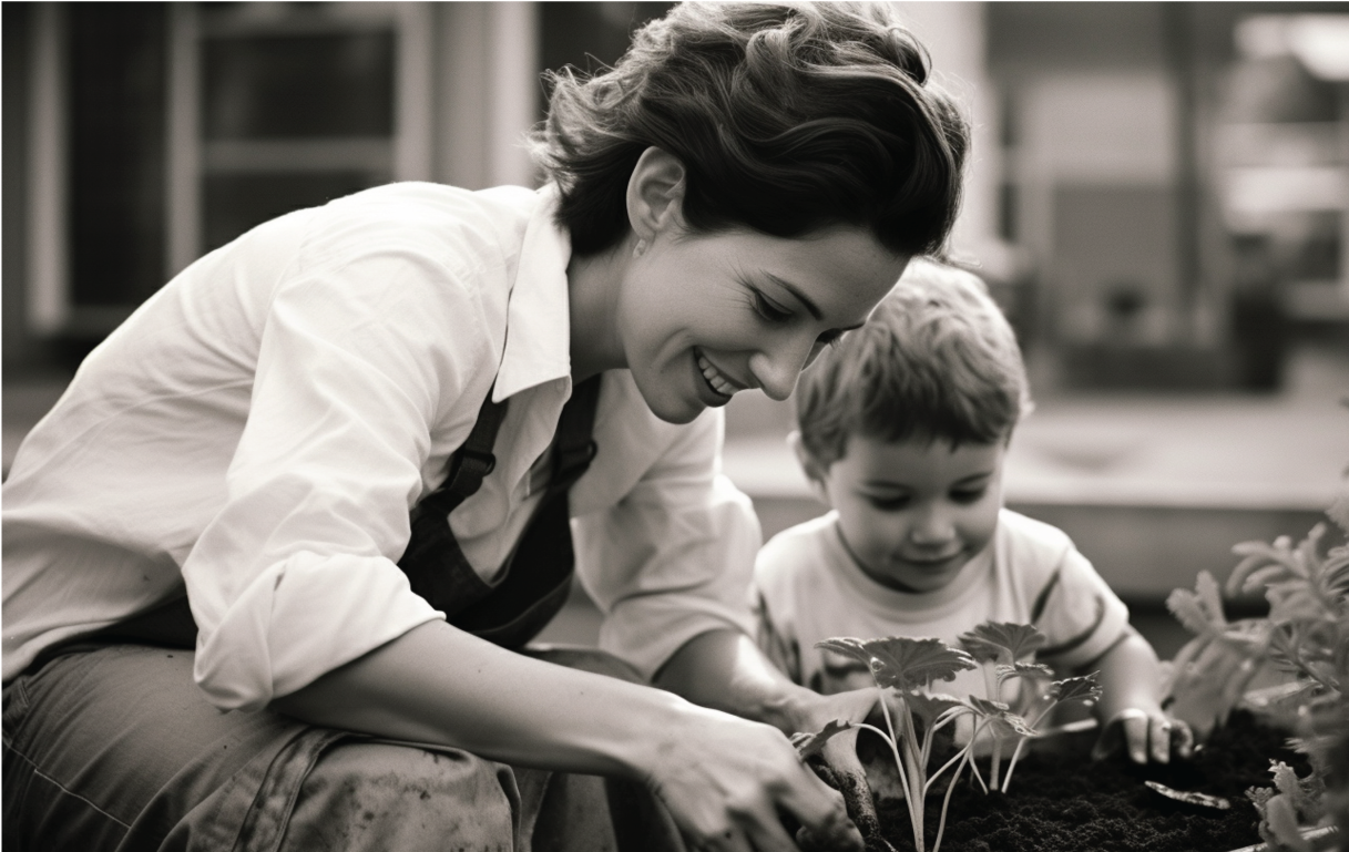 Mother and young child planting a small sapling together on a balcony garden, adding homemade compost from a container — bonding over eco-friendly gardening."
