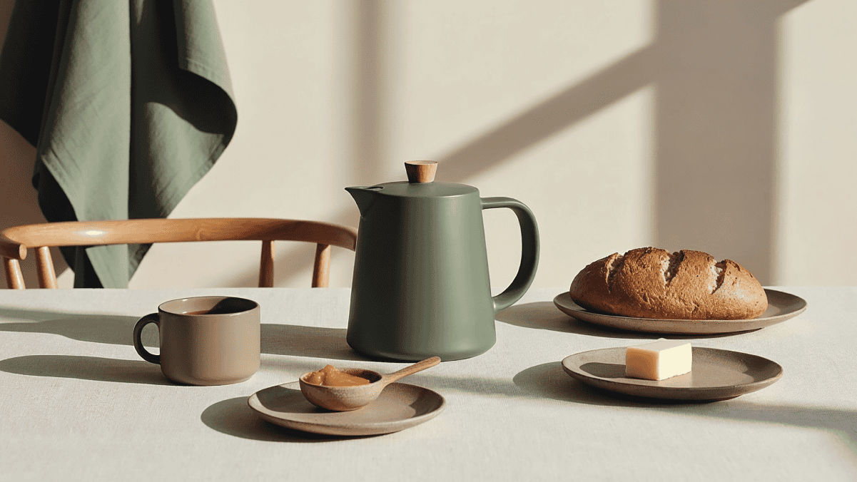 A table with snack and tea with jars and plates