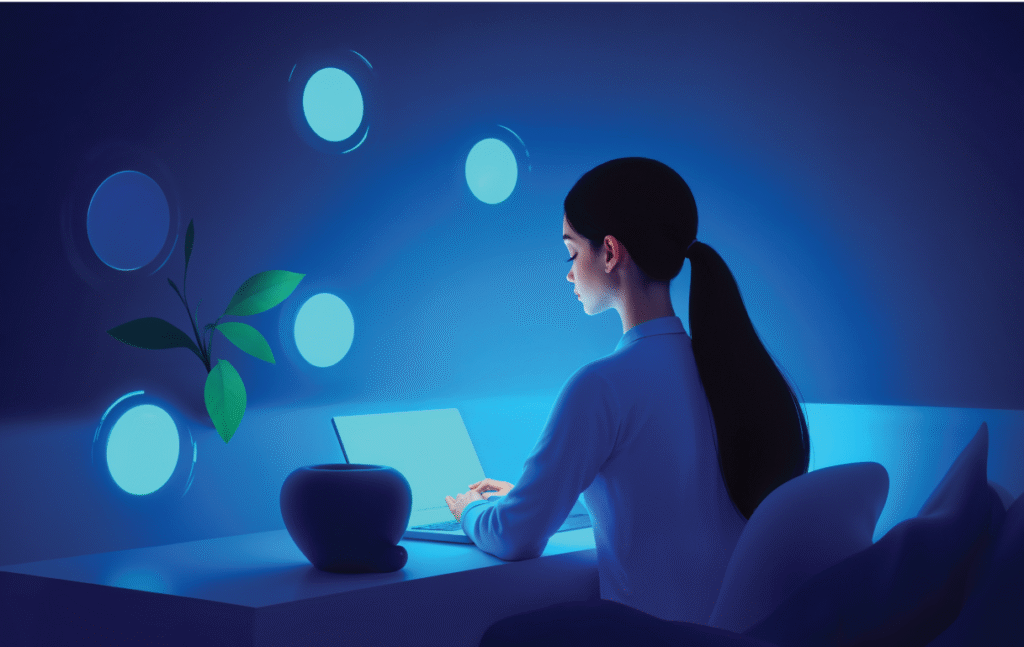 Illustration of a digital creator’s workspace with AI tools like Canva, ChatGPT, and Notion for personal branding in 2025"