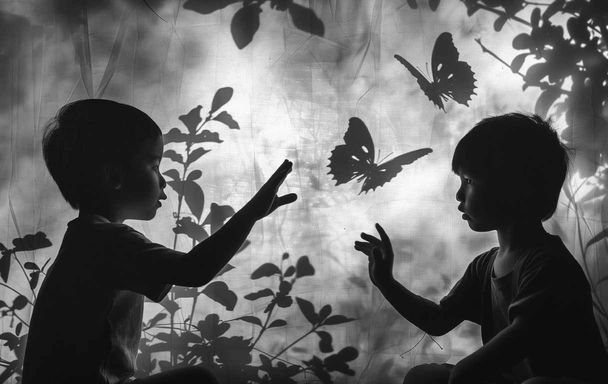 kids in shadows of plants
